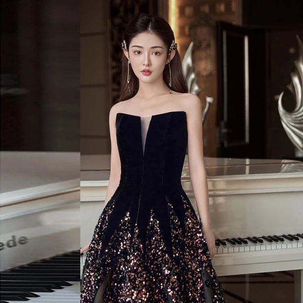 Charmant Noire Paillettes Princesse Robe De Soirée 2023 Bustier Sans Manches Dos Nu Longue Soirée Robe De Ceremonie