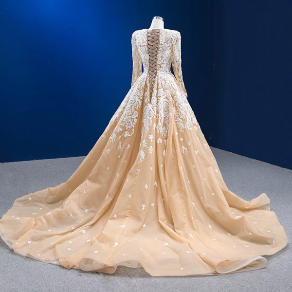 Luxury / Gorgeous Champagne Beading Sequins Lace Flower Evening Dresses 2023 Trumpet / Mermaid Deep V-Neck Long Sleeve Backless Court Train Evening Party Formal Dresses