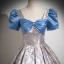 Elegant Sky Blue Printing Prom Dresses Formal Dresses 2024 Ball Gown Square Neckline Bow Puffy Short Sleeve Backless Prom Floor-Length / Long