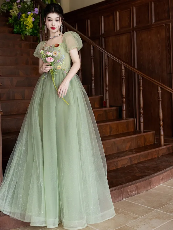 Chic / Belle Vert Cendré Appliques Paillettes Robe De Bal 2024 Princesse Bretelles Spaghetti Manches Courtes Dos Nu Longue Tulle Promo Robe De Ceremonie