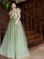 Chic / Belle Vert Cendré Appliques Paillettes Robe De Bal 2024 Princesse Bretelles Spaghetti Manches Courtes Dos Nu Longue Tulle Promo Robe De Ceremonie