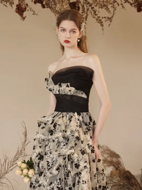 Fashion Black Flower Summer Evening Dresses 2023 A-Line / Princess Strapless Sleeveless Backless Floor-Length / Long Evening Party Formal Dresses