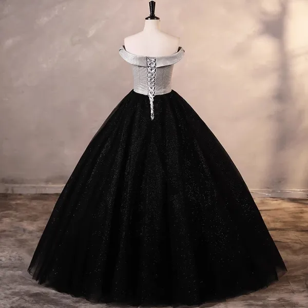 Elegant Black Glitter Prom Dresses 2023 Ball Gown Off-The-Shoulder Sleeveless Backless Floor-Length / Long Prom Formal Dresses