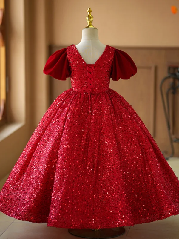 Bling Bling Burgundy Sequins Birthday Flower Girl Dresses 2024 Ball Gown Square Neckline Puffy Short Sleeve Backless Floor-Length / Long