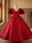 Bling Bling Burgundy Sequins Birthday Flower Girl Dresses 2024 Ball Gown Square Neckline Puffy Short Sleeve Backless Floor-Length / Long