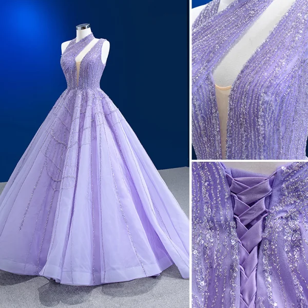 High End Charmant Lavendel Handgefertigt Perlenstickerei Pailletten Ballkleider 2023 Ballkleid Neckholder Ärmellos Rückenfreies Hof-Schleppe Ball Festliche Kleider