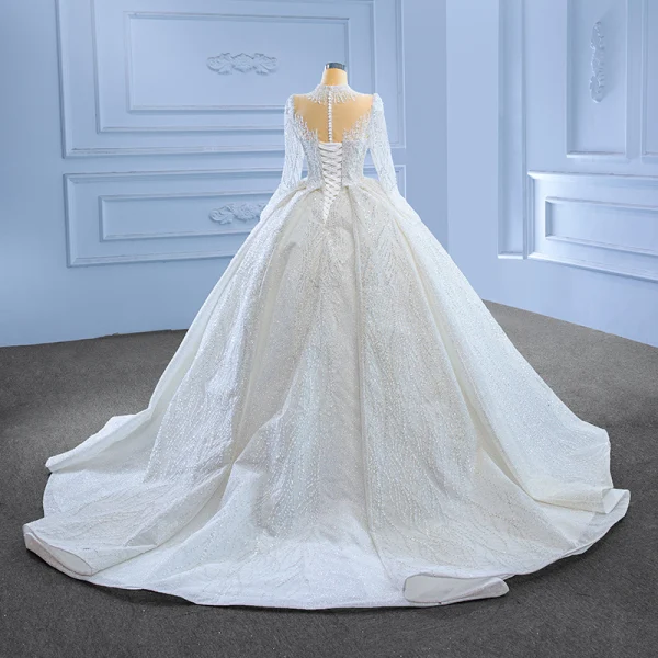 Luxury / Gorgeous White Handmade  Beading Sequins Wedding Dresses 2023 Ball Gown High Neck Long Sleeve Court Train Wedding