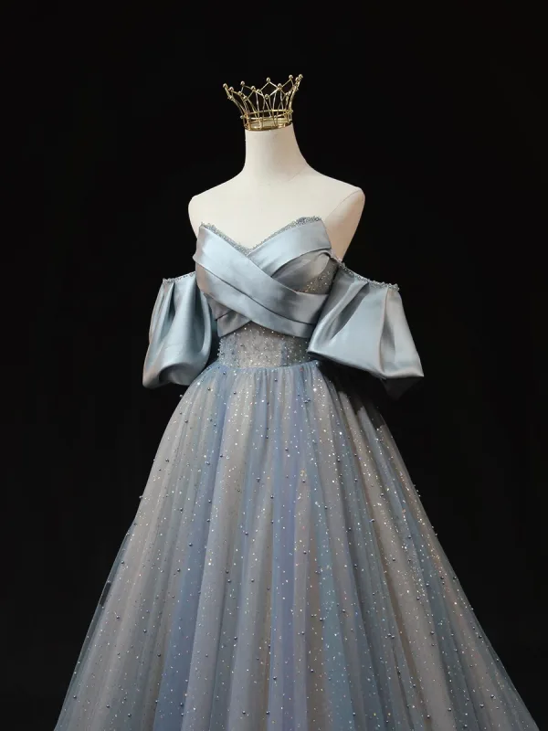 Chic / Beautiful Sky Blue Beading Pearl Sequins Prom Dresses 2025 A-Line / Princess Off-The-Shoulder Short Sleeve Backless Floor-Length / Long Prom Formal Dresses