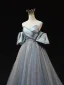 Chic / Beautiful Sky Blue Beading Pearl Sequins Prom Dresses 2025 A-Line / Princess Off-The-Shoulder Short Sleeve Backless Floor-Length / Long Prom Formal Dresses