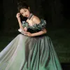 Fashion Green Prom Dresses 2024 A-Line / Princess Ruffle Off-The-Shoulder Sleeveless Backless Floor-Length / Long Prom Formal Dresses