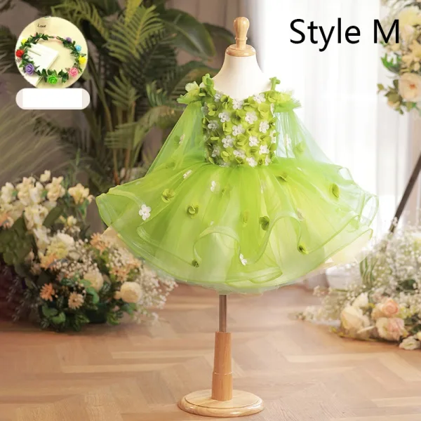 Flower Fairy Sage Green Appliques Birthday Flower Girl Dresses 2024 Ball Gown V-Neck Bell sleeves Floor-Length / Long