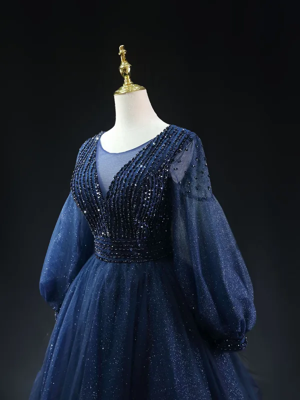 Vintage / Retro Navy Blue Beading Sequins Glitter Short Prom Dresses 2024 A-Line / Princess Scoop Neck Long Sleeve Backless Formal Dresses