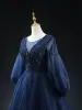 Vintage / Retro Navy Blue Beading Sequins Glitter Short Prom Dresses 2024 A-Line / Princess Scoop Neck Long Sleeve Backless Formal Dresses