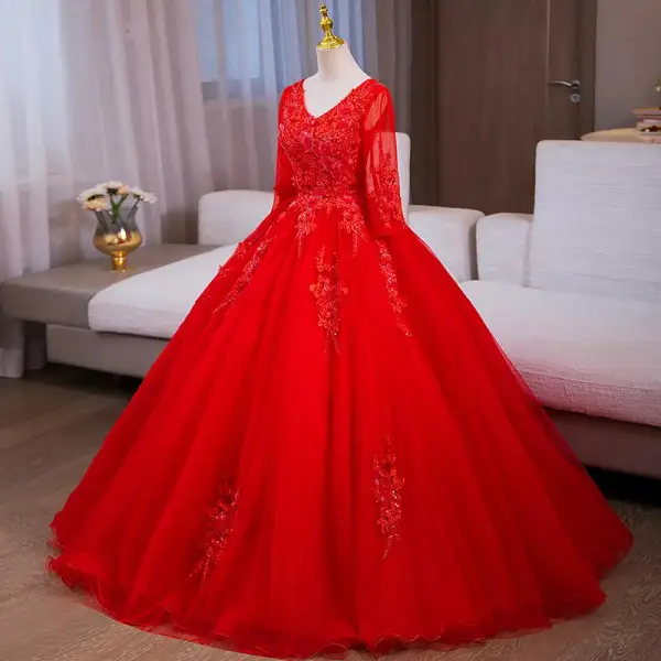 Vintage / Retro Red Sequins Lace Flower Appliques Prom Dresses 2024 Ball Gown V-Neck Long Sleeve Backless Floor-Length / Long Prom Formal Dresses