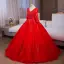 Vintage / Retro Red Sequins Lace Flower Appliques Prom Dresses 2024 Ball Gown V-Neck Long Sleeve Backless Floor-Length / Long Prom Formal Dresses