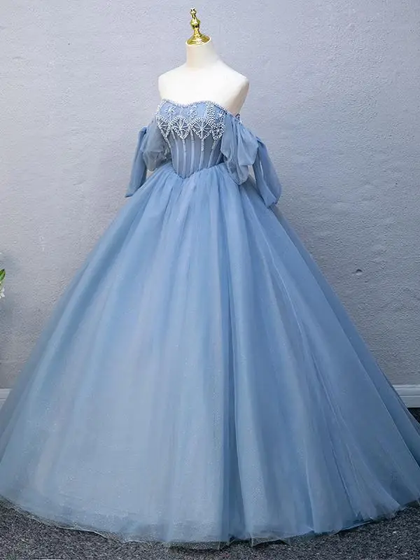 Elegant Beading Sky Blue Rhinestone Prom Dresses Ball Gown 2025 Backless Off-The-Shoulder Short Sleeve Floor-Length / Long Prom Formal Dresses