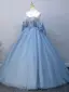 Elegant Beading Sky Blue Rhinestone Prom Dresses Ball Gown 2025 Backless Off-The-Shoulder Short Sleeve Floor-Length / Long Prom Formal Dresses