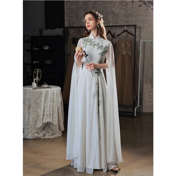 Chinese style Ivory Beading Lace Flower Evening Dresses  Cheongsam 2022 A-Line / Princess High Neck Long Sleeve Split Front Floor-Length / Long Cheongsam / Qipao