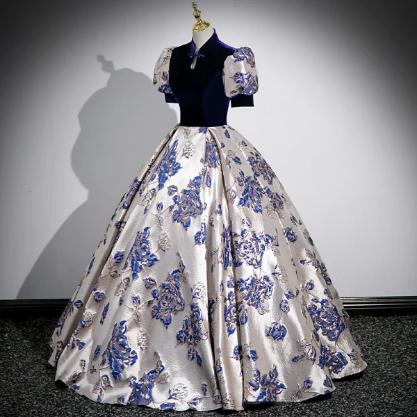 Chinese style Vintage / Retro Navy Blue Printing Prom Dresses 2023 Ball Gown High Neck Short Sleeve Floor-Length / Long Prom Formal Dresses