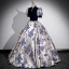 Chinese style Vintage / Retro Navy Blue Printing Prom Dresses 2023 Ball Gown High Neck Short Sleeve Floor-Length / Long Prom Formal Dresses