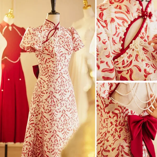 Vintage / Retro Chinese style Red Printing Cheongsam 2022 A-Line / Princess High Neck Short Sleeve Backless Pearl Bow Floor-Length / Long Evening Party Cheongsam / Qipao