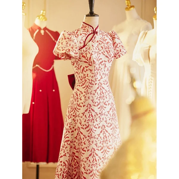 Vintage / Retro Chinese style Red Printing Cheongsam 2022 A-Line / Princess High Neck Short Sleeve Backless Pearl Bow Floor-Length / Long Evening Party Cheongsam / Qipao