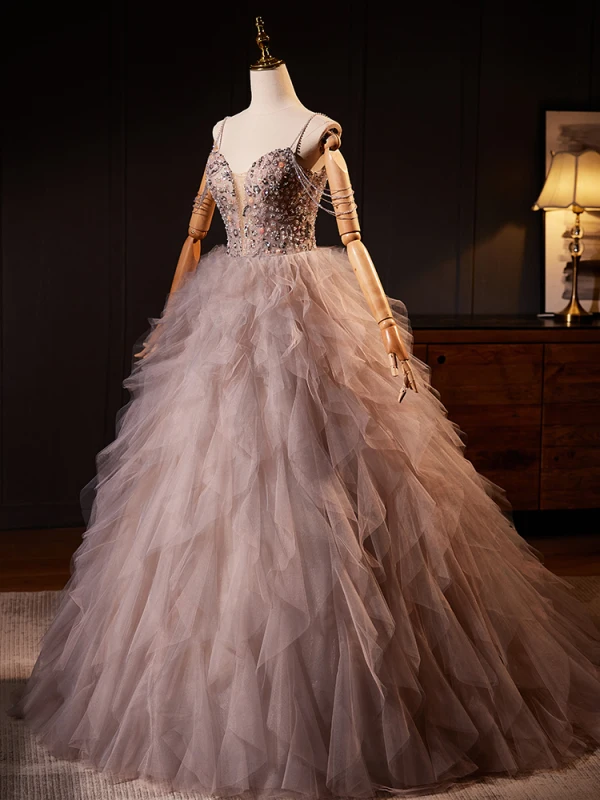 High-end Grey Beading Pearl Sequins Cascading Ruffles Prom Dresses 2024 Ball Gown Spaghetti Straps Sleeveless Backless Floor-Length / Long Prom Formal Dresses