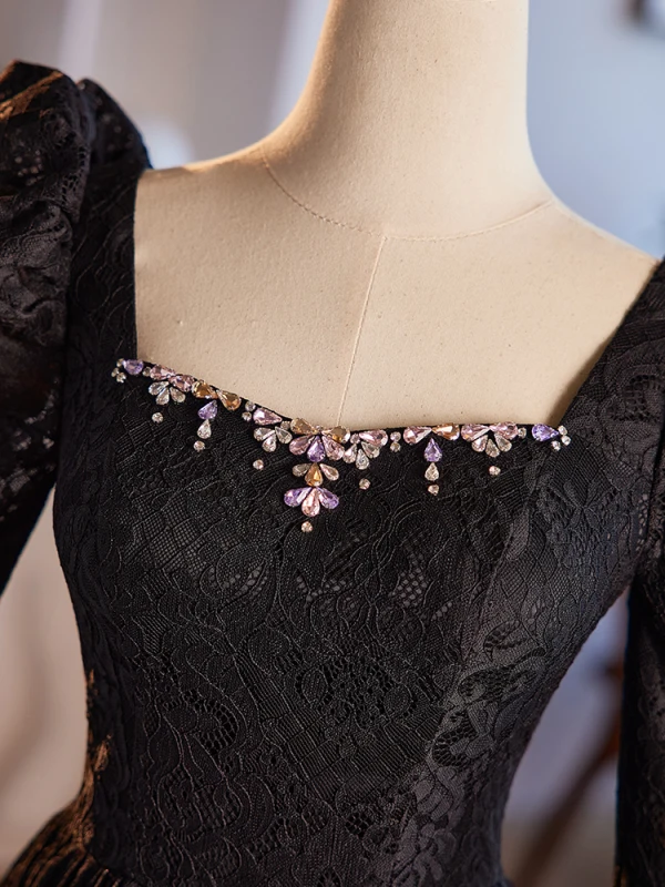 Vintage / Retro Black Lace Rhinestone Prom Dresses 2024 A-Line / Princess Square Neckline Long Sleeve Backless Floor-Length / Long Prom Formal Dresses