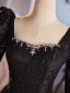 Vintage / Retro Black Lace Rhinestone Prom Dresses 2024 A-Line / Princess Square Neckline Long Sleeve Backless Floor-Length / Long Prom Formal Dresses