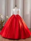 Vintage / Retro Red Sequins Lace Flower Satin Prom Dresses 2024 Ball Gown Scoop Neck 3/4 Sleeve Backless Floor-Length / Long Prom Formal Dresses