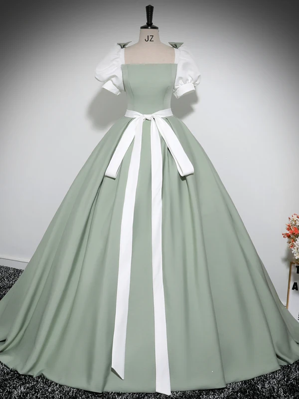 Fashion Sage Green Prom Dresses 2024 Ball Gown Square Neckline Puffy Short Sleeve Backless Bow Sash Floor-Length / Long Prom Formal Dresses