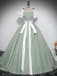 Fashion Sage Green Prom Dresses 2024 Ball Gown Square Neckline Puffy Short Sleeve Backless Bow Sash Floor-Length / Long Prom Formal Dresses