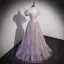 Chic / Beautiful Lavender Beading Sequins Prom Dresses 2022 A-Line / Princess Strapless Short Sleeve Backless Bow Pearl Floor-Length / Long Prom Formal Dresses