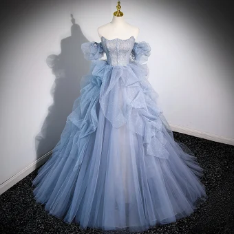 Mode Bleu Ciel Volants En Cascade Robe De Bal 2023 Robe Boule Bustier Manches Courtes Dos Nu Train De Balayage Promo Robe De Ceremonie