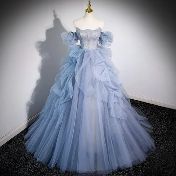 Fashion Sky Blue Cascading Ruffles Prom Dresses 2023 Ball Gown Strapless Short Sleeve Backless Sweep Train Prom Formal Dresses