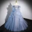 Fashion Sky Blue Cascading Ruffles Prom Dresses 2023 Ball Gown Strapless Short Sleeve Backless Sweep Train Prom Formal Dresses