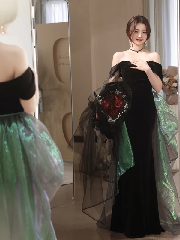 Charming Black Evening Dresses 2023 Trumpet / Mermaid Off-The-Shoulder Sleeveless Backless Floor-Length / Long Evening Party Formal Dresses