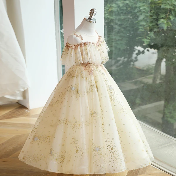 Charming Champagne Beading Sequins Birthday Flower Girl Dresses 2023 Ball Gown Scoop Neck Short Sleeve Backless Floor-Length / Long Flower Girl Dresses
