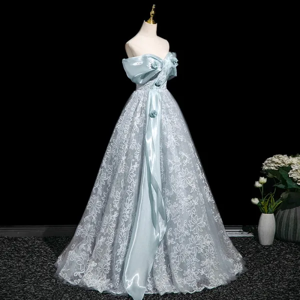 Chic / Beautiful Sky Blue Appliques Prom Dresses 2025 A-Line / Princess Strapless Floor-Length / Long Tulle Backless Prom Sleeveless Formal Dresses