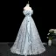 Chic / Beautiful Sky Blue Appliques Prom Dresses 2025 A-Line / Princess Strapless Floor-Length / Long Tulle Backless Prom Sleeveless Formal Dresses