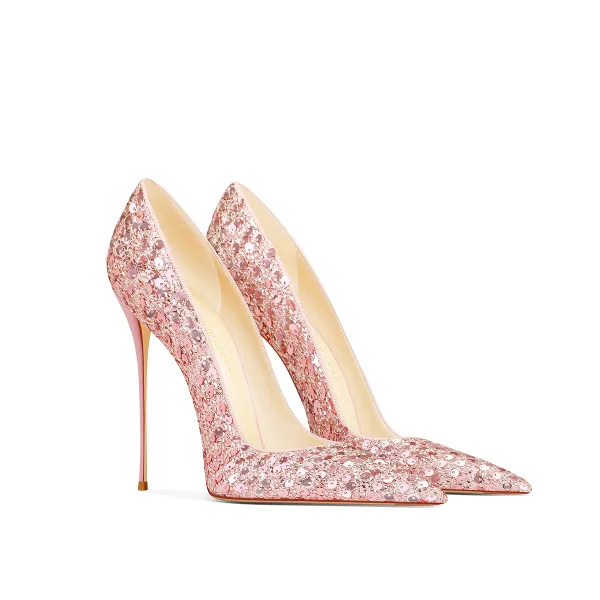 Sparkly Blushing Pink Sequins Evening Party Pumps 2024 Leather 10 cm Stiletto Heels Pointed Toe Pumps High Heels