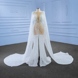 Luxe Ivoire Fait Main Perlage Paillettes Perle Robe De Mariée 2022 Trompette Sirène Encolure Dégagée Manches Longues Dos Nu Train De Balayage Mariage