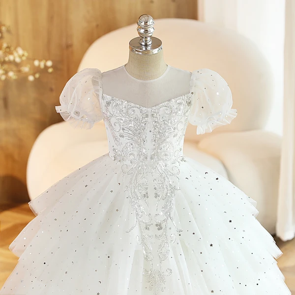 Chic / Beautiful White Beading Star Sequins Cascading Ruffles Flower Girl Dresses 2023 Ball Gown Scoop Neck Puffy Short Sleeve Floor-Length / Long Prom Flower Girl Dresses