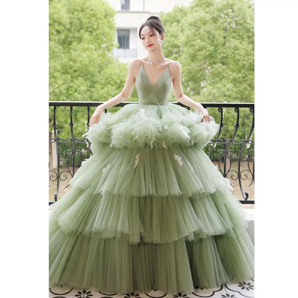 Fashion Charming Sage Green Prom Dresses 2022 Ball Gown Spaghetti Straps Sleeveless Backless Cascading Ruffles Chapel Train Formal Dresses