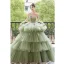 Fashion Charming Sage Green Prom Dresses 2022 Ball Gown Spaghetti Straps Sleeveless Backless Cascading Ruffles Chapel Train Formal Dresses