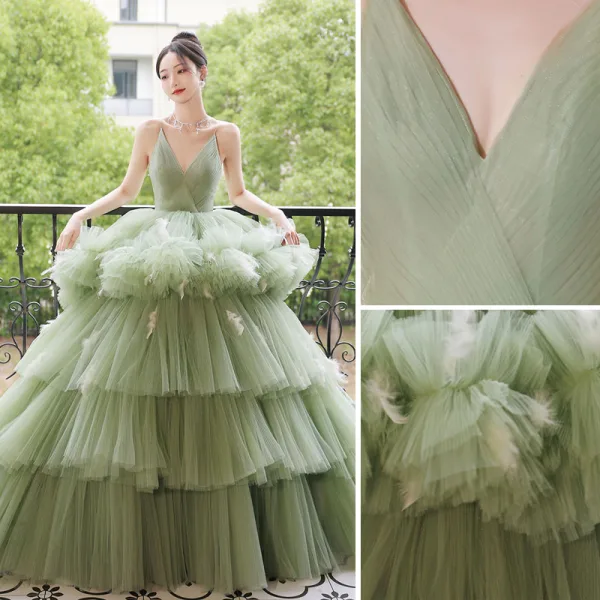 Fashion Charming Sage Green Prom Dresses 2022 Ball Gown Spaghetti Straps Sleeveless Backless Cascading Ruffles Chapel Train Formal Dresses