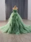 High-end Sage Green Cascading Ruffles Beading Sequins Prom Dresses 2025 Ball Gown Strapless Sleeveless Backless Chapel Train Prom Formal Dresses
