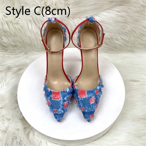 Fashion Red Denim Evening Party Womens Shoes 2024 Ankle Strap 12 cm Stiletto Heels Pointed Toe High Heels