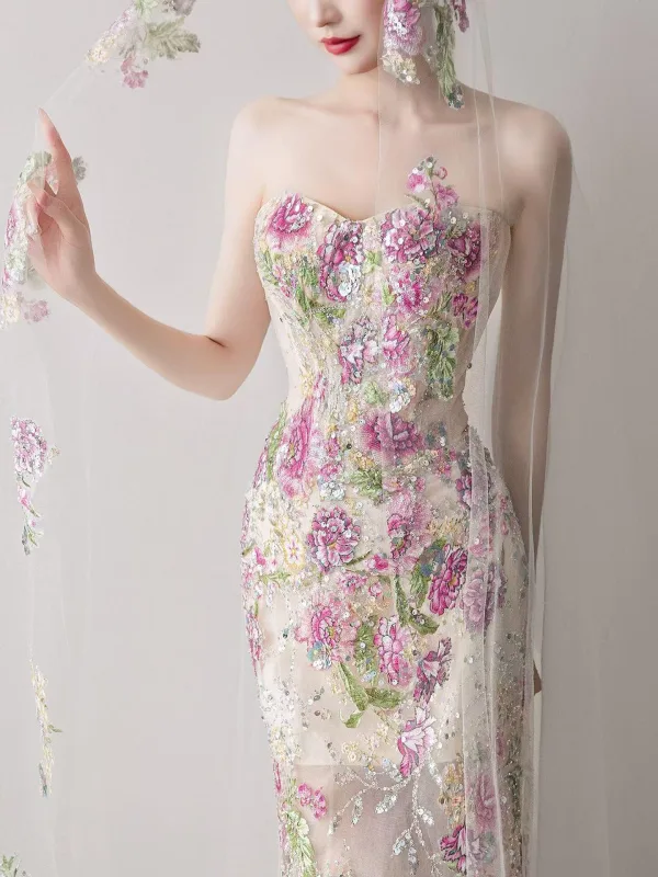 High-end Sexy Multi-Farger Beading Paljetter Blonder Blomst Selskapskjoler 2025 Trompet / Havfrue Kjæreste Uten Ermer Ryggløse Feie Tog Aften