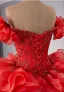 High-end Red Beading Pearl Sequins Cascading Ruffles Wedding Dresses 2024 Ball Gown Off-The-Shoulder Short Sleeve Backless Court Train Wedding